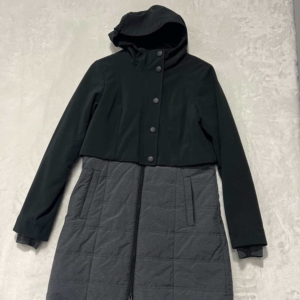 Womens Prana Winter Parka Coat  Hooded Jacket Gray- Black Small Zip/Snap Close